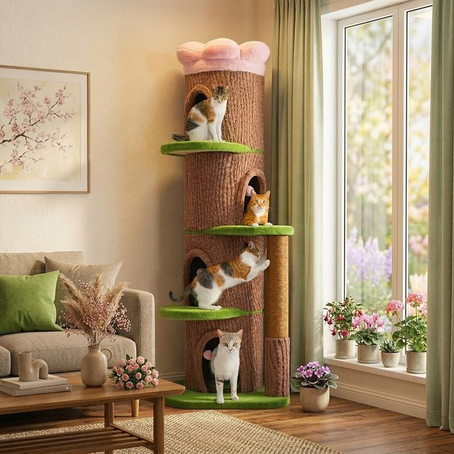 PEQULTI Katzenbaum mit Blumenkranz-Dachplattform und 4 gemütlichen Höhlen für große Katzen in rustikalem Design - Bild 1