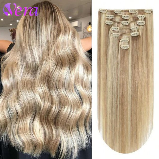 Happy Monday Clip-in-Haarverlängerungen, 8 Stück, Echthaar, Braun, Highlight-Blond, Damen - Bild 1
