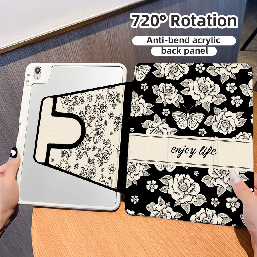 Schwarz-weiße Tischhülle mit Rosenmuster für Apple iPad Modelle in den Größen 9,7 Zoll bis 13 Zoll - Bild 1