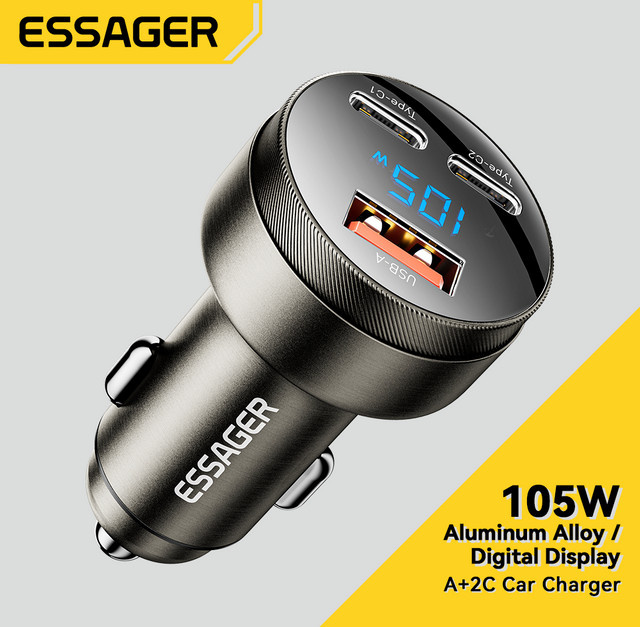 Essager USB C Autoladegerät 105 W Schnellladung PD3.0 QC4.0 Schwarz - Bild 1