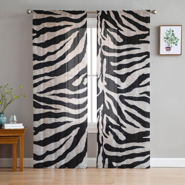 Transparente Zebra-Muster Tüll-Fenstervorhänge von A Family Of Home Textiles in Schwarz, Breite: 135 cm, Höhe: 274 cm - Bild 1