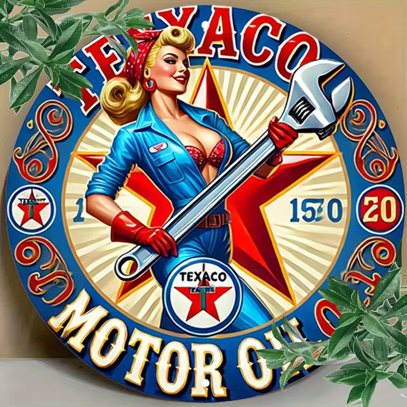 Rundes Texaco Motoröl Aluminiumschild im Vintage-Stil als Metallwandkunst mit Mechaniker-Thema - Bild 5