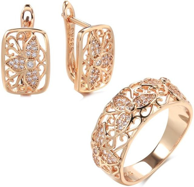 Ohrringe und Ringe Set, Roségold, Zirkonia, Damen, Vintage - Bild 1
