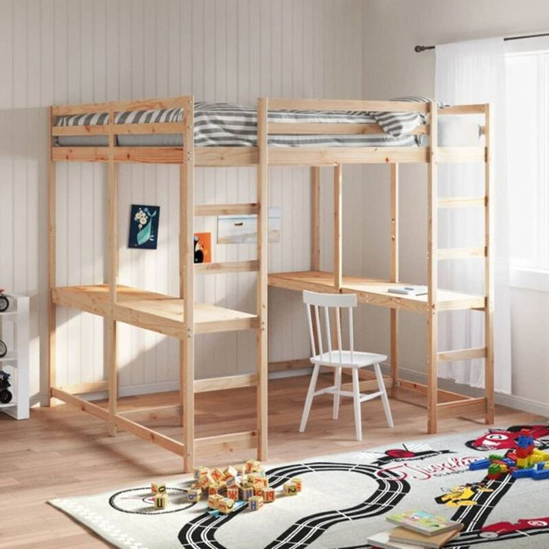 Vidaxl Hochbett mit Schreibtisch und Leiter aus Massivholz Kiefer in Natur und Braun, B/T/H: 200 x 160 x 167,5 cm - Bild 1