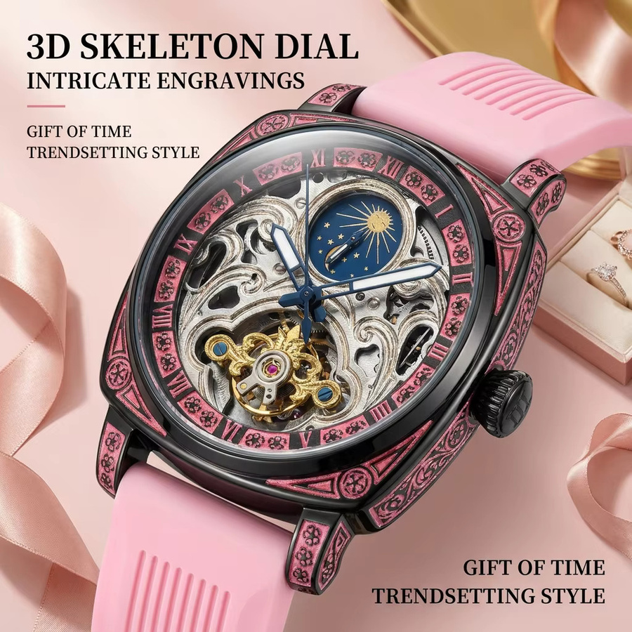 CAROTIF Armbanduhr, Mechanisch, Rosa Zifferblatt, Silikonarmband, Herren - Bild 2