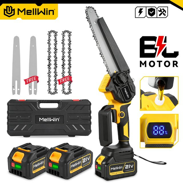 MELLWIN Bürstenlose 8-Zoll-Elektrokettensäge mit automatischer Ölschmierung als Mini-Astschere und Holzbearbeitungswerkzeug für Makita 18V Akku in Gelb - Bild 1