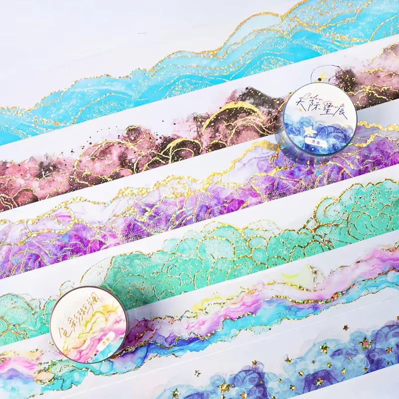 YCDBTH Washi Tape Bronzing-Klebeband mit Sternen und Himmel Motiv, Lila und Gold, Breite: 3,5 cm, Länge: 2 m - Bild 1