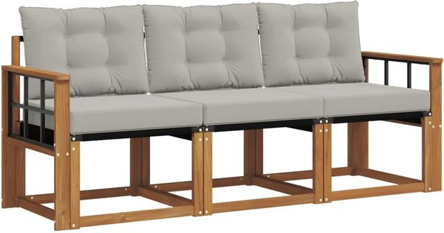 vidaXL Outdoor-Sofagarnitur 3-teilig aus Akazienholz und Textilene in Grau mit Kissen und Armlehnen - Bild 1