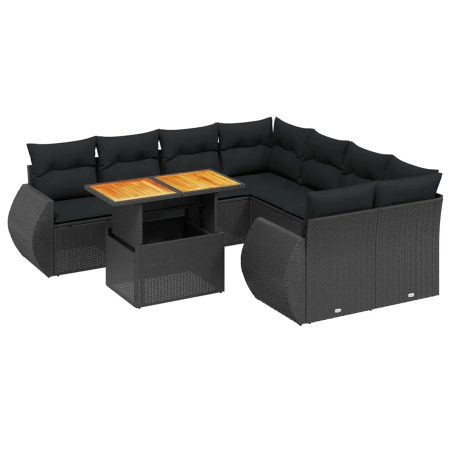 vidaXL 9-teilige Garten-Sofagarnitur in L-Form aus schwarzem Poly-Rattan mit Kissen und pulverbeschichtetem Stahlrahmen - Bild 2