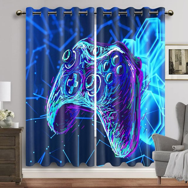 Yiran Furniture Gamer Vorhänge für das Gaming Zimmer in Blau, 2er Set mit Haken, B: 60 cm, H: 60 cm - Bild 1