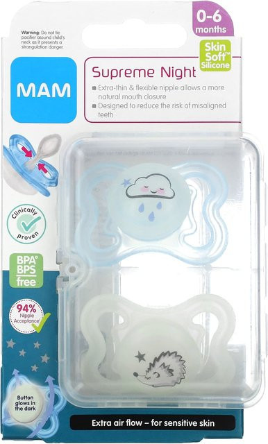 MAM Supreme Nighttime Schnuller 2er-Pack für 0-6 Monate, Blau/Klar, BPA-frei und sterilisierbar - Bild 1