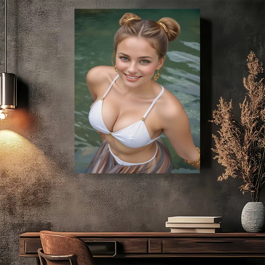 HELLOYOUNG Retro-Wandkunst Leinwandposter mit Porträt einer Dame im weißen Bikini in Gold und Weiß - Bild 3