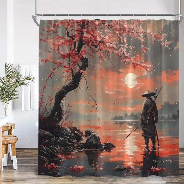 Baifenbai Home Furnishing Duschvorhang Samurai Japan Design Rot mit Kirschblüte und Vollmond aus Polyester, B: 90 cm, H: 180 cm - Bild 1