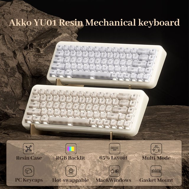 Akko YU01 Mechanische Tastatur mit 65 % Layout, RGB-Hintergrundbeleuchtung, Hot-Swap und transparenten PC-Tastenkappen, Wireless Bluetooth 5.0, 2.4G und USB-C, Weiß/Transparent - Bild 1