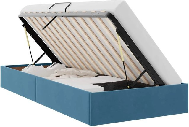 vidaXL Aufbewahrungsbett mit Kopfteil aus Samt und Metall in Dunkelblau, B/T/H: 90 x 200 x 140 cm - Bild 1