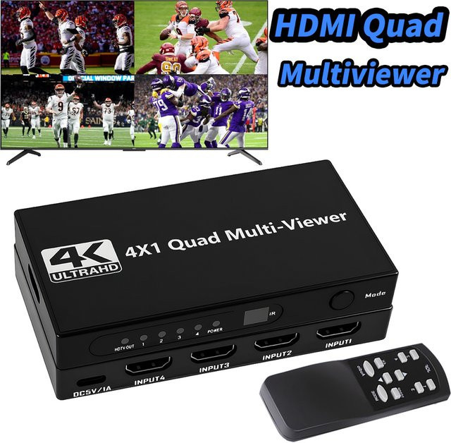 HDmatters 4K UHD HDMI Multiviewer Quad Multi-Viewer mit Seamless Switcher Hub in Schwarz - Bild 1