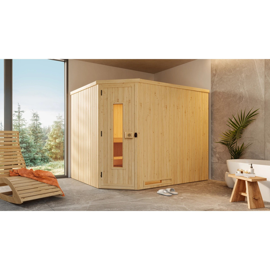 Weka Element-Ecksauna Varberg in Braun mit 7,5 kW BioS Sparset und Holztür, B/H/T: 244 x 199 x 194 cm - Bild 2