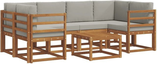 vidaXL Outdoor-Sofagarnitur L-Form aus Akazienholz mit Kissen in Natur und Grau, 7-teiliges Set - Bild 1