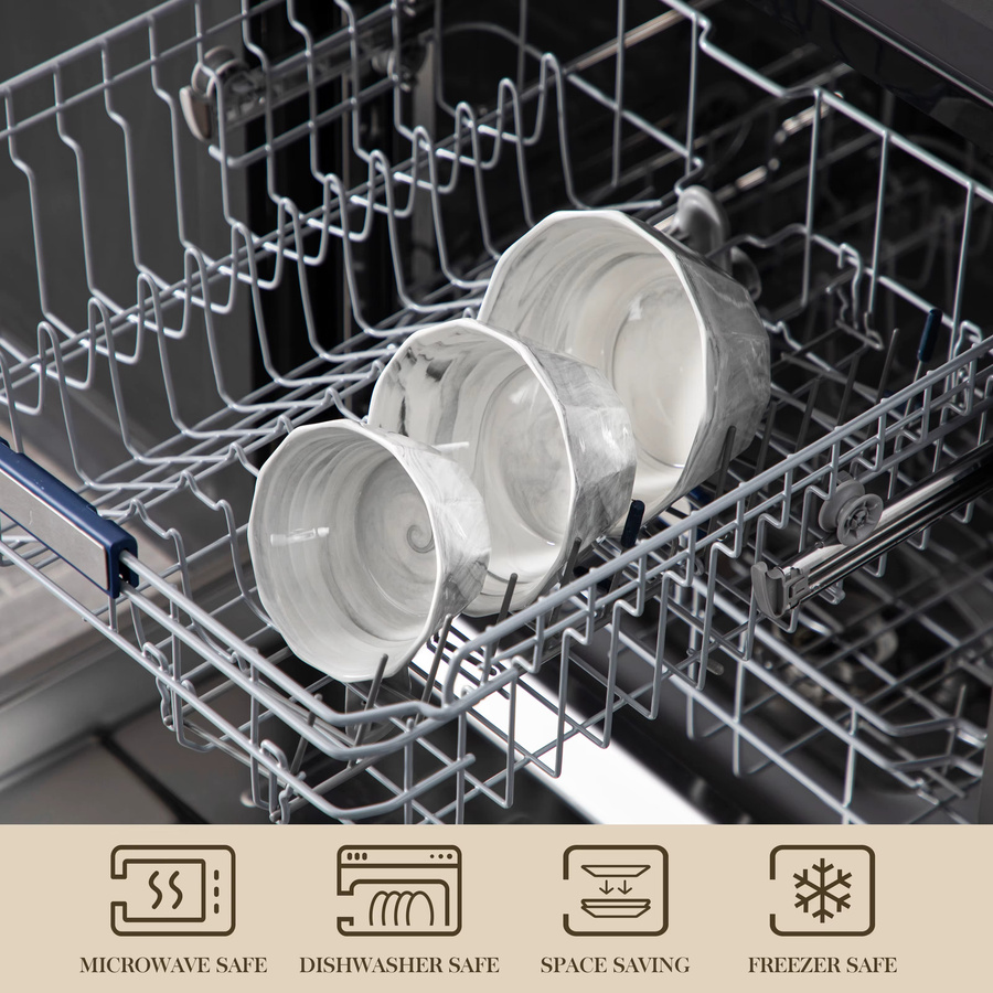 Malacasa Keramik Geschirrset in Grau mit Marmor-Optik, 3-teiliges Set bestehend aus Suppentellern und Schalen für Obst, Müsli oder Nudeln, Füllmengen: 500 ml, 780 ml und 1020 ml - Bild 2