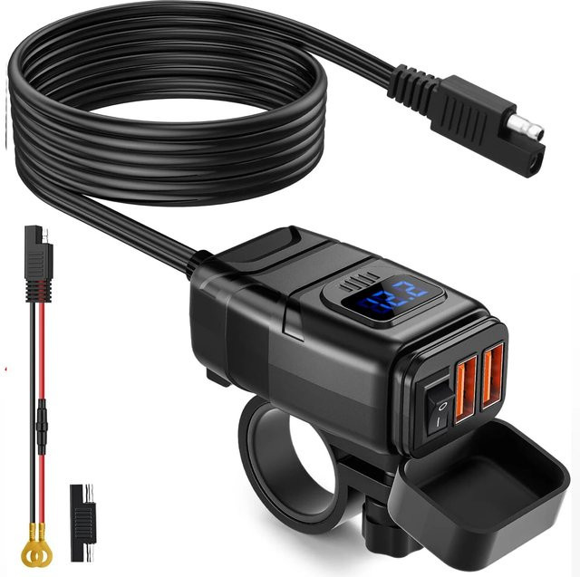 Wasserdichtes Motorrad USB Ladegerät QC3.0 mit Voltmeter und USB-C Anschluss, 12V Lenker Adapter in Schwarz oder Blau - Bild 1