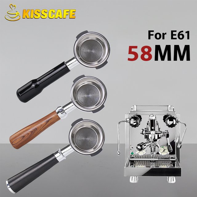 ALIKISSCAFE 58mm Bottomless Siebträger für E61 Expobar aus Edelstahl in Silber inklusive Filterkorb und zwei Griffen - Bild 1