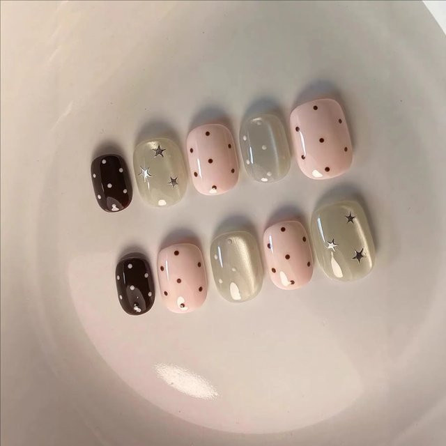 Qsezeny Künstliche Nägel, Rosa Polka Dots, Glänzend, 10 Stück - Bild 1