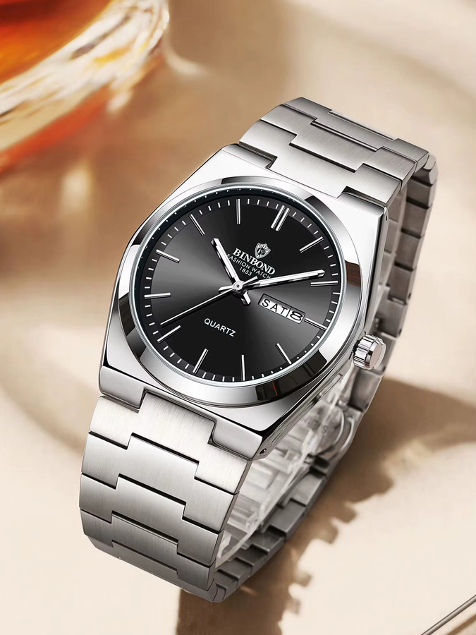 BINBOND Armbanduhr Quarz, Edelstahl, Schwarz, Silber, Herren - Bild 7