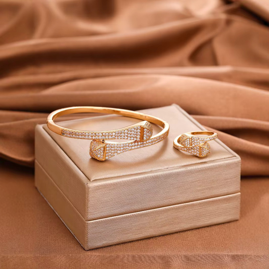 LISHAYUNXI Schmuckset, Armband und Ring, Messing, 18 Karat vergoldet, Zirkonia, Unisex - Bild 2
