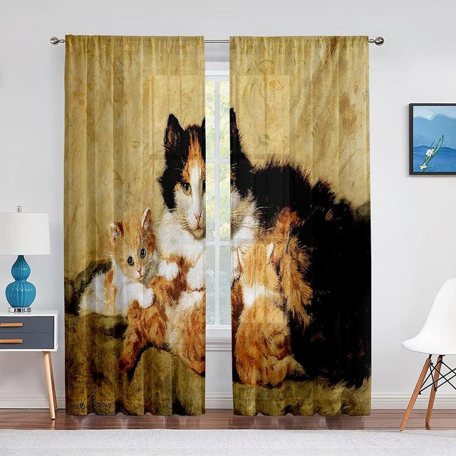 Transparente Voile-Gardine mit Katzenmotiv für Schlafzimmer, Wohnzimmer oder Küche, Chiffon-Tüll mit Ösen, Breite: 100 cm, Höhe: 250 cm - Bild 1