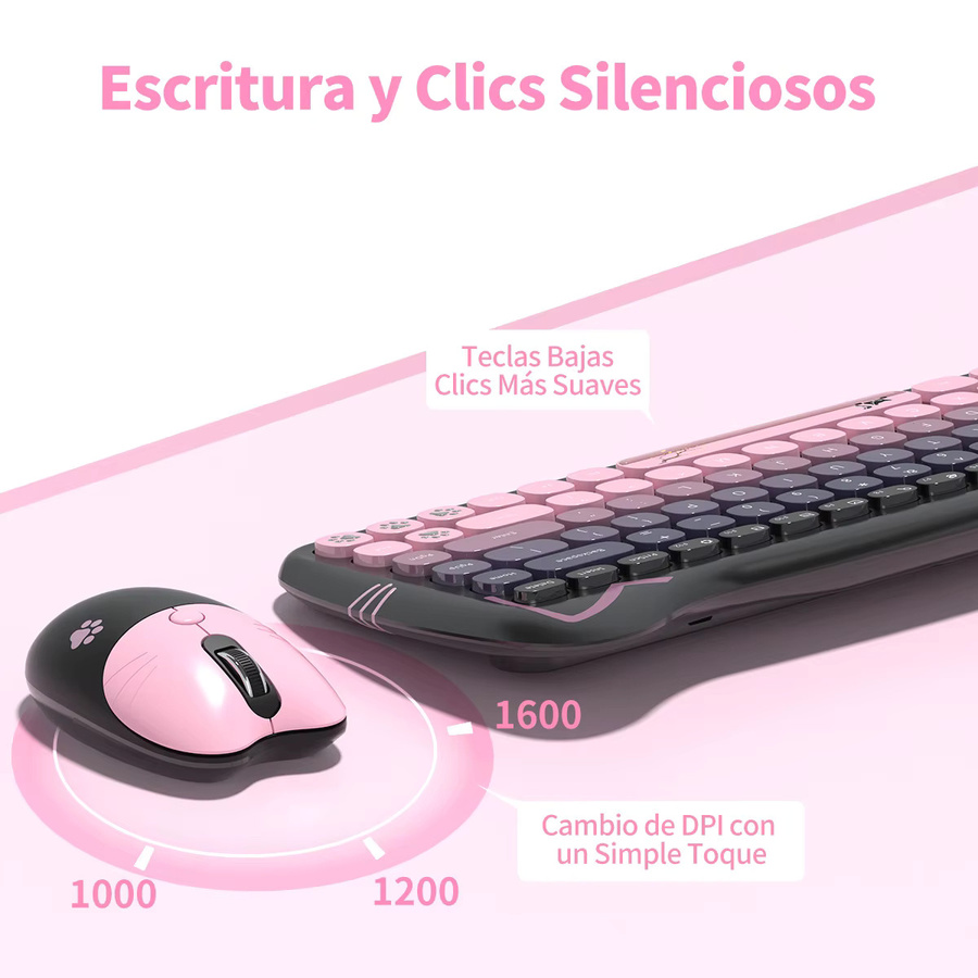 GEEZER Kabellose Tastatur-Maus-Kombination mit Katzenohren im Retro-Design, Rosa-Schwarz, Runde Tastenkappen, US QWERTY-Layout, Bluetooth - Bild 3