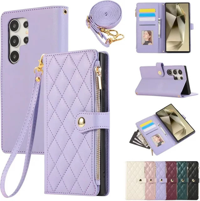 Umhängetasche Handyhülle Wallet Cover für Samsung Galaxy S25 S24 S23 S22 S21 A56 A55 A54 A36 A35 A26 A25 A16 A15 A06 in Pink und Purple - Bild 1