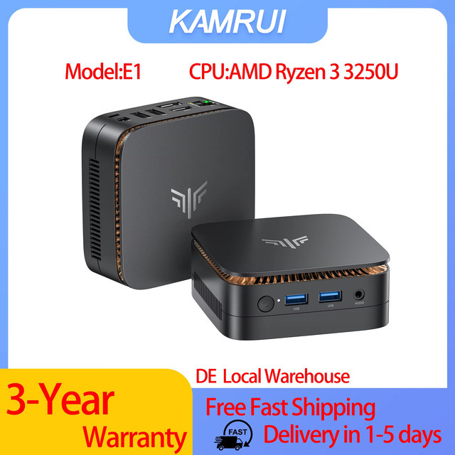 KAMRUI E1 Mini-PC mit AMD Ryzen 3250U, 8GB RAM, 256GB ROM, Windows 11 Pro, WiFi5, Dual 4K Ausgang, Schwarz - Bild 1