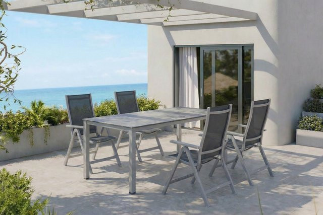 Kettler Cubic Garten-Essgruppe aus Aluminium und Textilene in Silber, Anthrazit und Grau mit rechteckigem Tisch und 6 Klappstühlen, Tisch Breite: 160 cm, Tiefe: 90 cm, Höhe: 74 cm - Bild 1