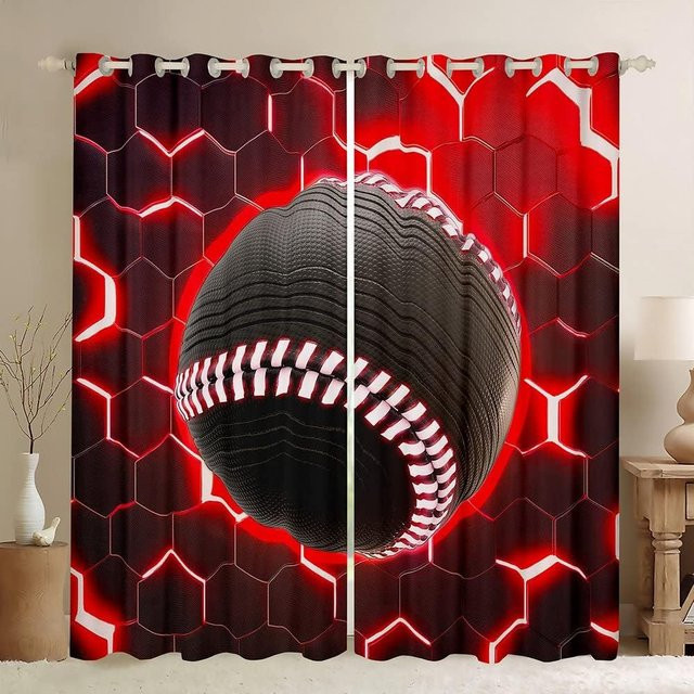 Yiran Furniture Sport Vorhang mit geometrischem Sechseck-Design für Kinderzimmer, 2 Paneele, Rot, Höhe: 130 cm, Breite: 100 cm - Bild 1