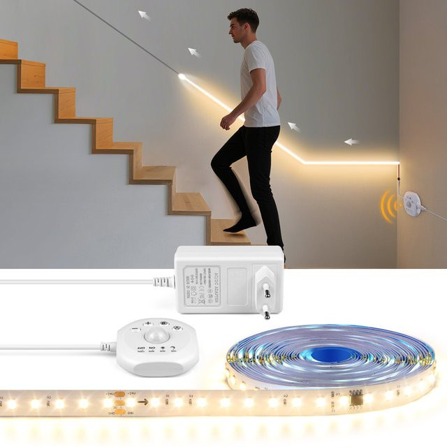 MALITAI LED-Streifen mit Bewegungsmelder und Verfolgungswirkung, 24V Treppenlicht in Warmweiß für Flur, Wohnzimmer und Decke - Bild 1