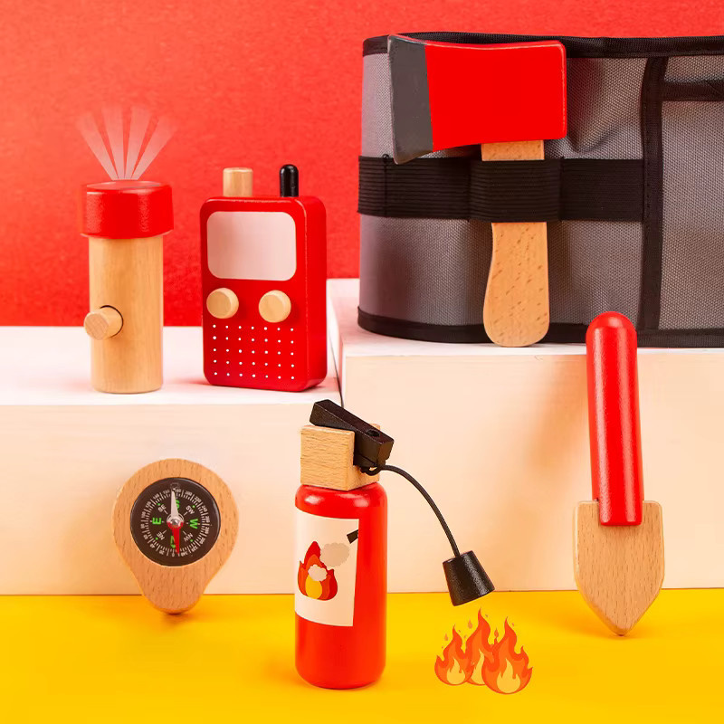 Lee's Sharing Feuerwehr Werkzeug Set aus Holz mit Taillentasche für Kinder ab 3 Jahren, Pädagogisches Rollenspiel Spielzeug in Natur und Bunt - Bild 2