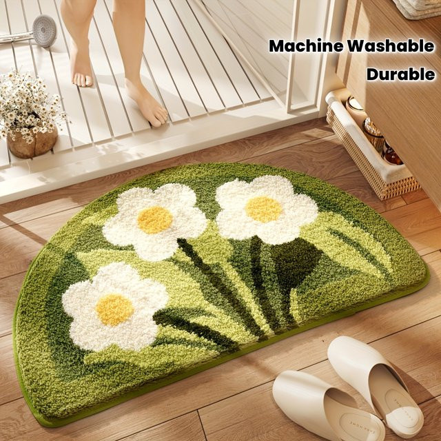 VIKAMA Badezimmerteppich halbrund mit Blumenmuster, wasserabsorbierend und rutschfest, maschinenwaschbar, B: 60 cm, T: 40 cm - Bild 1
