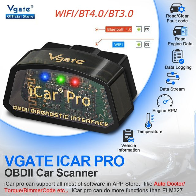 Vgate ICar Pro OBD2 Auto-Diagnosegerät mit WiFi und Bluetooth 4.0 in Schwarz für iOS und Android - Bild 1