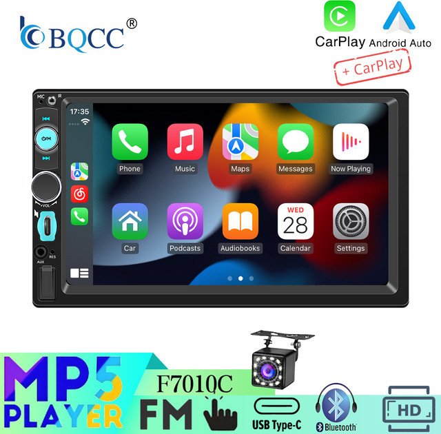BQCC 2Din Autoradio mit 7 Zoll Display, Bluetooth, kabelloses CarPlay und Android Auto, 7-Farben LED-Beleuchtung, Typ-C-Ladefunktion, Schwarz - Bild 1