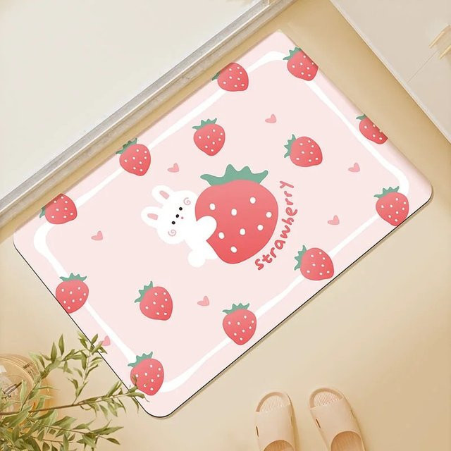 VIKAMA Badezimmermatte Erdbeer-Kaninchen Design in Pink, rutschfest und weich für Badezimmer und Küche - Bild 1