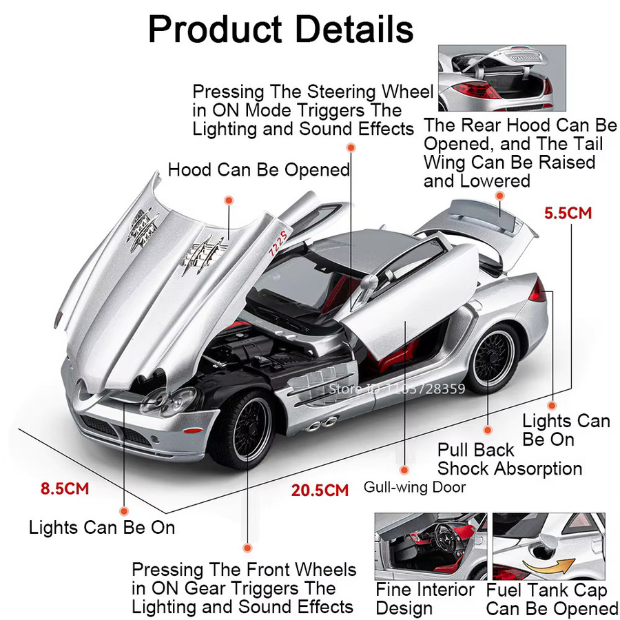 MAKEDA SLR 722S SLS Modell Supercar, Spielzeug, 1:24, Metall, mit Licht und Sound - Bild 2
