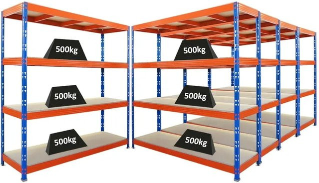 PROREGAL Rhino Schwerlastregal Set aus 5 Stück, Blau-Orange, H x B x T: 200 x 200 x 60 cm, mit 4 verstellbaren Spanplatten-Ebenen und 500 kg Fachlast - Bild 1