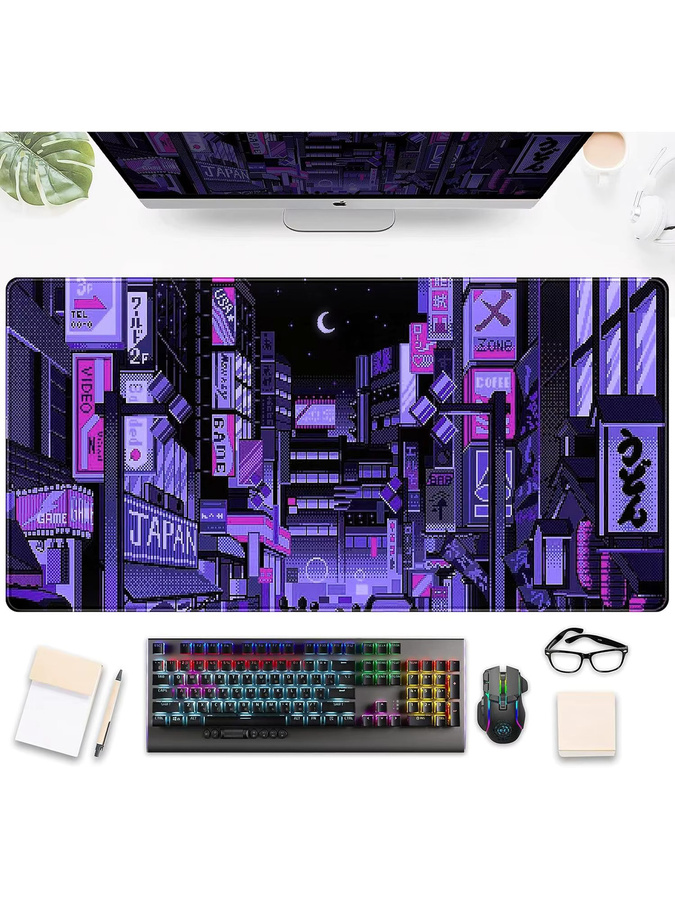 Tokyo Street Purple Neon Pixel Mauspad – Retro japanische Anime Schreibtischunterlage für Gaming und ästhetische Dekoration in Lila - Bild 7