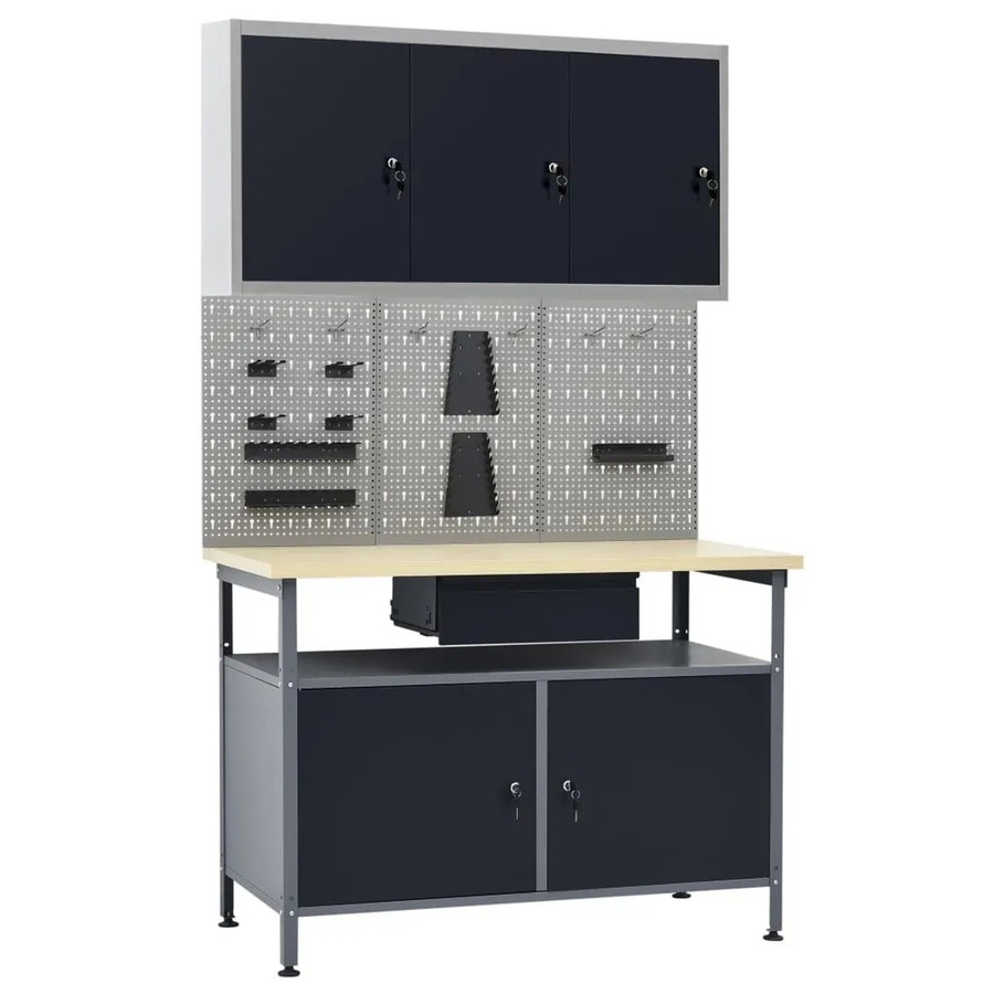 vidaXL Werkbank mit 3 Werkzeugwänden und 1 Wandschrank in Schwarz-Grau, höhenverstellbar, B: 120 cm, T: 60 cm, H: 85 cm - Bild 2