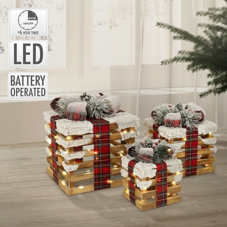 ECD Germany LED Weihnachtsdeko Geschenkboxen 3er Set aus Holz in Braun mit Timer und Batteriebetrieb