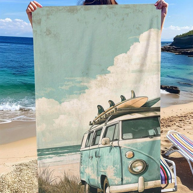 Sdoo Mikrofaser-Badetuch mit Strandbus-Aufdruck, schnelltrocknend und weich, B/B: 80 x 130 cm, Multicolour - Bild 1