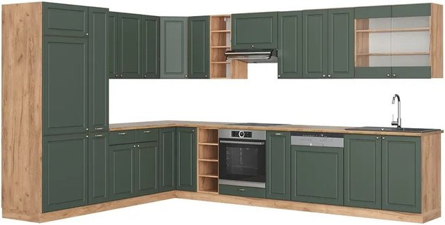 Vicco Fame-Line Küchenschränke Landhausstil in Grün-Gold und Eiche mit Soft-Close-Türen, B: 347 cm, H: 257 cm, T: 82 cm - Bild 1