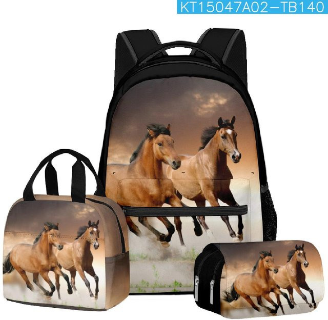 Fancy Style Studio 3er Set Schulrucksack mit Laptopfach, Lunchtasche und Federmäppchen mit 3D Steppe Pferd Print in Schwarz - Bild 1