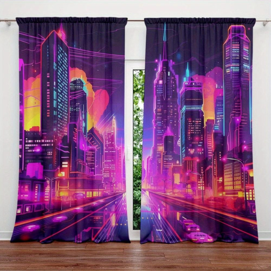 Zukunftsstadt Gemälde Vorhang aus Polyester für Wohnzimmer Küche und Schlafzimmer, Multicolor, Breite: 100 cm, Höhe: 70 cm, 2er-Set - Bild 5
