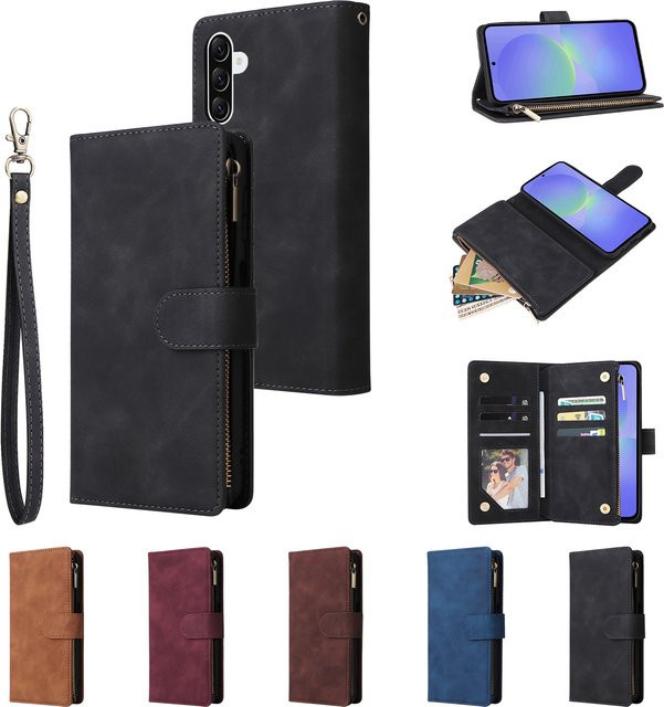 Magnetische Lederhülle mit Brieftaschenfunktion und Reißverschluss für Samsung Galaxy A27 A37 A57 in Schwarz - Bild 1